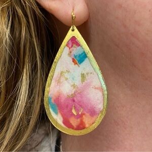 EVOCATEUR 22k Gold Leaf & Enamel Bermuda Large Teardrop Earrings, Stunning